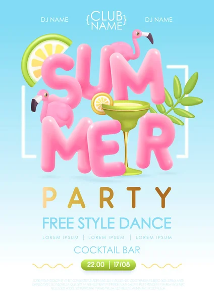 夏季鸡尾酒会的排字海报与3D塑料文字 鸡尾酒 热带叶和火烈鸟 矢量说明 — 图库矢量图片