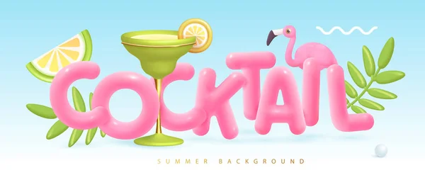 Sommercocktail Disco Party Typografie Poster Mit Plastiktext Cocktail Tropischen Blättern — Stockvektor