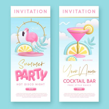 Üç boyutlu plastik metin, kokteyl, tropik yapraklar ve flamingo içeren yaz kokteyli disko partisi tipografi posteri. Davetiye tasarımı. Vektör illüstrasyonu