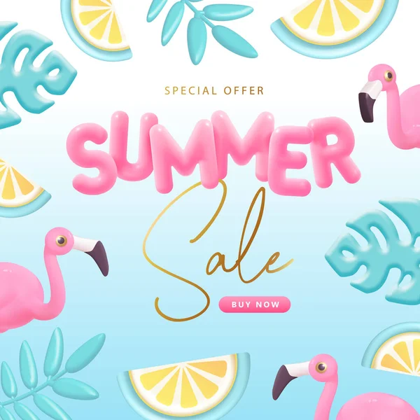 Summer Big Sale Typography Poster Plastic Text Flamingo Tropic Leaves — Stock Vector