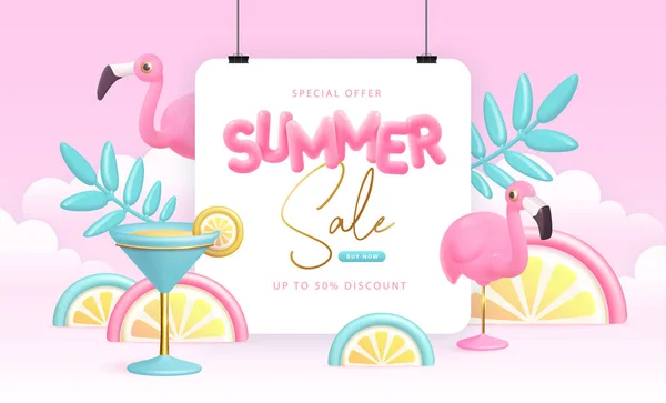 Summer Big Sale Typography Poster Plastic Text Flamingo Cosmopolitancocktail Summer — Stock Vector