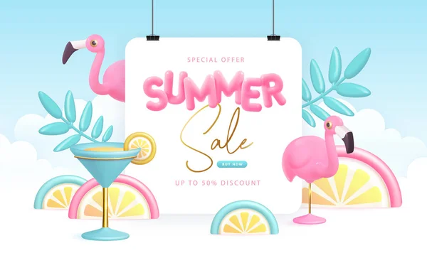 3Dプラスチックテキスト フラミンゴとCospolitancocktailと夏の大販売タイポグラフィポスター 夏の背景 ベクターイラスト — ストックベクタ
