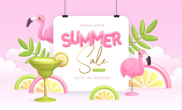 夏季大甩卖字体海报与3D塑料文字 火烈鸟和鸡尾酒 夏天的背景矢量说明 — 图库矢量图片