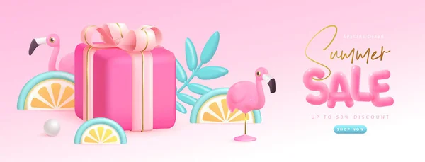 Summer Big Sale Typography Poster Plastic Text Flamingo Gift Box — Stock Vector