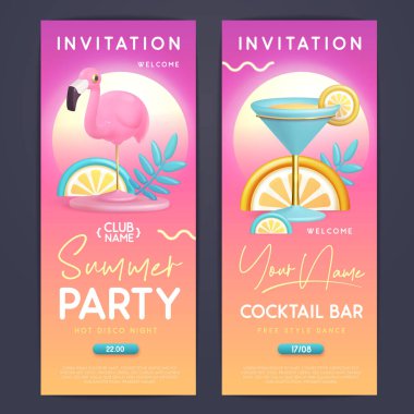 Üç boyutlu plastik kokteyl, tropik yapraklar ve flamingo içeren yaz kokteyli disko partisi tipografi posteri. Davetiye tasarımı. Vektör illüstrasyonu