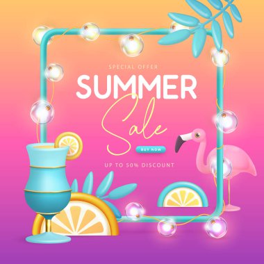 Üzerinde 3D plastik flamingo ve mavi lagün kokteyli olan yaz büyük tipografi posteri. Yaz dönemi. Vektör illüstrasyonu