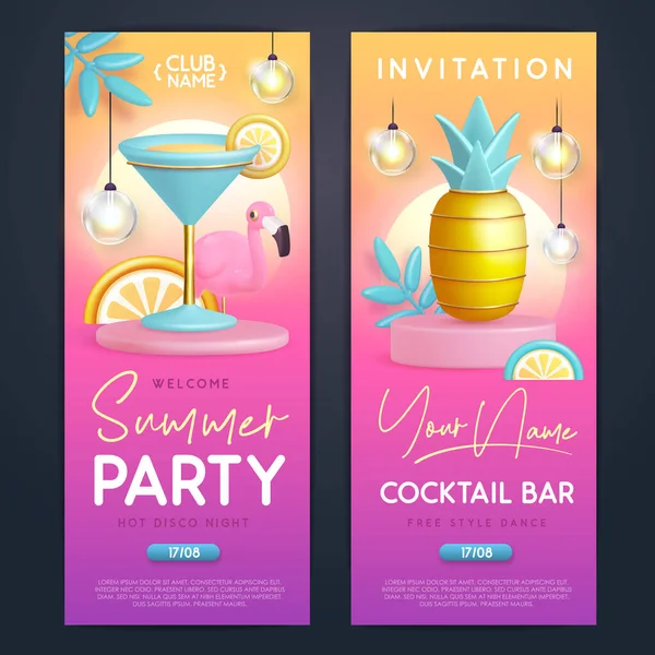 Summer Cocktail Disco Party Typography Poster Plastic Flamingo Cocktail Pineapple — Stock Vector