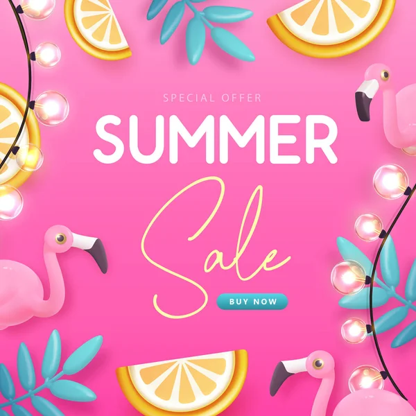 Sommer Großverkauf Typografie Poster Mit Flamingo Aus Kunststoff Tropischen Früchten — Stockvektor