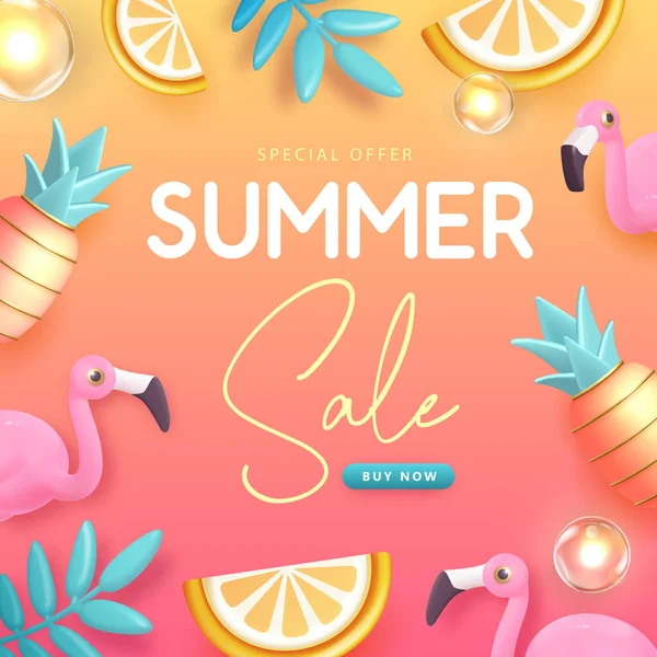 Sommer Großverkauf Typografie Poster Mit Flamingo Aus Kunststoff Tropischen Früchten — Stockvektor