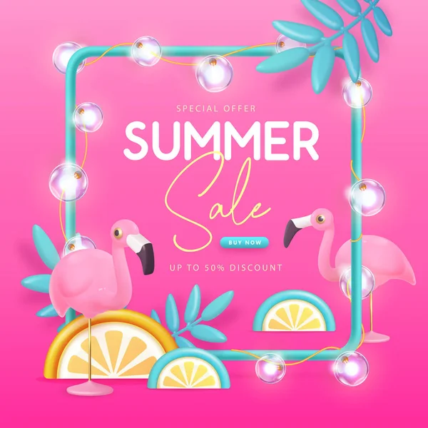 stock vector Summer big sale typography poster with 3d plastic flamingo, tropic fruits and tropic leaves. Summer background. Vector illustration.