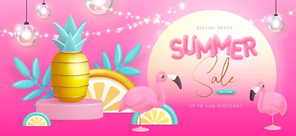 Sommar Stor Försäljning Typografi Affisch Med Plast Text Flamingo Och — Stock vektor