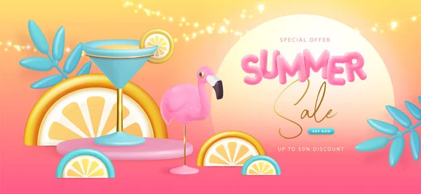 Sommar Stor Försäljning Typografi Affisch Med Plast Text Flamingo Och — Stock vektor