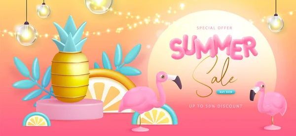 Cartaz Tipografia Venda Grande Verão Com Texto Plástico Flamingo Abacaxi —  Vetores de Stock