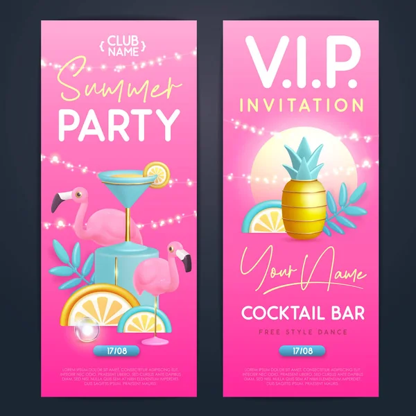 Summer Cocktail Disco Party Typography Poster Plastic Flamingo Cocktail Pineapple — Stock Vector