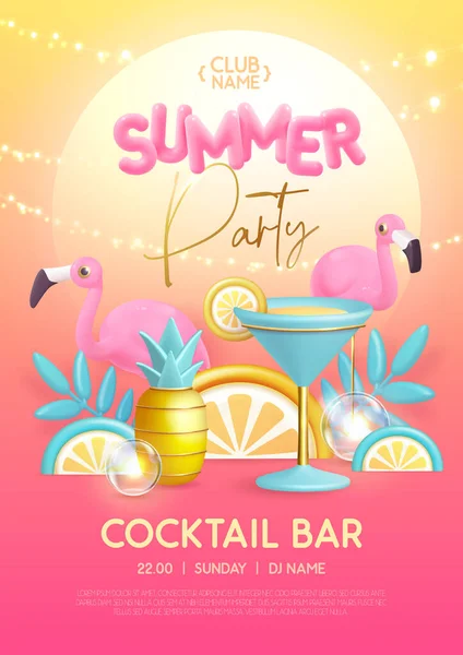 Letni Koktajl Disco Party Typografia Plakat Tekst Tworzywa Sztucznego Flamingo — Wektor stockowy