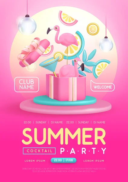 Plakat Imprezą Dyskotekową Summercocktail Plastikowym Koktajlem Liśćmi Tropiku Flamingiem Ilustracja — Wektor stockowy