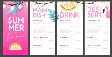 Üç boyutlu plastik palmiye yaprakları, tropik meyveler ve flamingolu restoran yaz menüsü tasarımı. Vektör illüstrasyonu