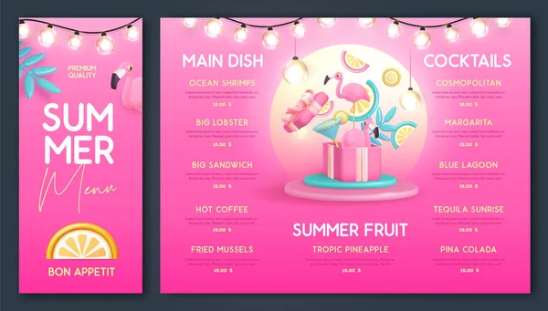 Εστιατόριο Σχεδιασμό Καλοκαιρινό Μενού Πλαστικό Κοκτέιλ Τροπικά Φρούτα Και Φλαμίνγκο — Διανυσματικό Αρχείο