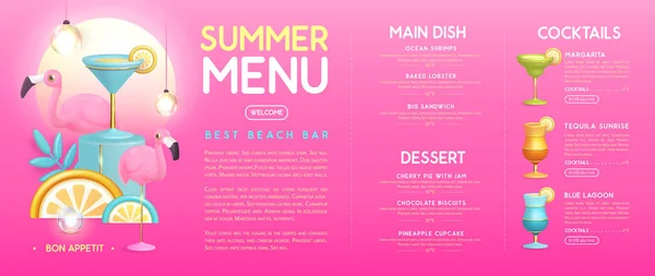 Design Letního Menu Restaurace Plastovými Koktejly Tropickým Ovocem Flamingem Vektorová — Stockový vektor