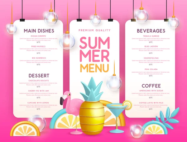 Restaurant Sommermenü Mit Plastikcocktail Ananas Und Flamingo Vektorillustration — Stockvektor