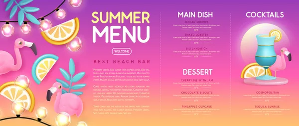 Restaurang Sommarmeny Design Med Plast Cocktail Tropiska Frukter Och Flamingo — Stock vektor