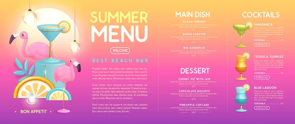 Design Menu Verão Restaurante Com Coquetéis Plástico Frutas Tropicais Flamingo — Vetor de Stock