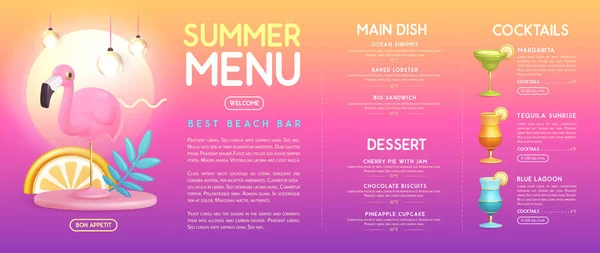 Design Letního Menu Restaurace Plastovými Koktejly Tropickým Ovocem Flamingem Vektorová — Stockový vektor