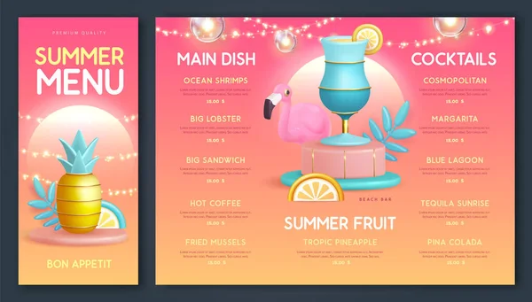 餐厅夏季菜单设计与3D塑料鸡尾酒 菠萝和火烈鸟 矢量说明 — 图库矢量图片