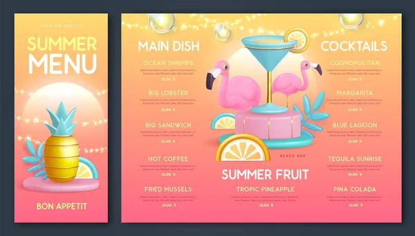 Design Menu Verão Restaurante Com Coquetel Plástico Abacaxi Flamingo Ilustração — Vetor de Stock