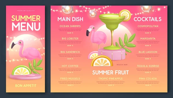 Restaurant Summer Menu Design Plastic Cocktail Tropic Fruit Flamingo Vector — Stock Vector