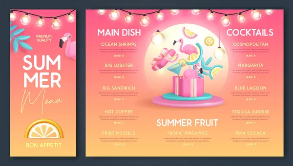 Εστιατόριο Σχεδιασμό Καλοκαιρινό Μενού Πλαστικό Κοκτέιλ Τροπικά Φρούτα Και Φλαμίνγκο — Διανυσματικό Αρχείο