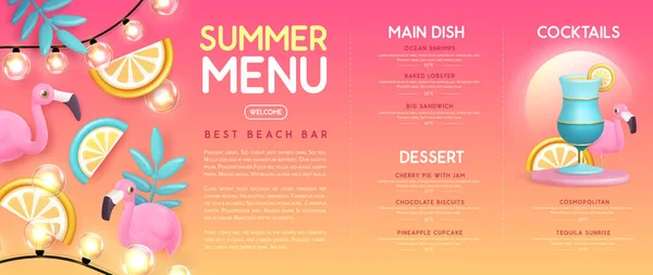 Restaurant Sommermenü Design Mit Plastikcocktail Tropischen Früchten Und Flamingo Vektorillustration — Stockvektor