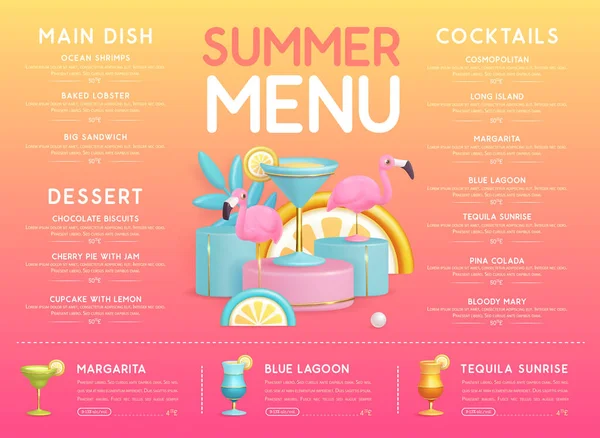Restaurant Sommermenü Design Mit Plastikcocktails Tropischen Früchten Und Flamingo Vektorillustration — Stockvektor