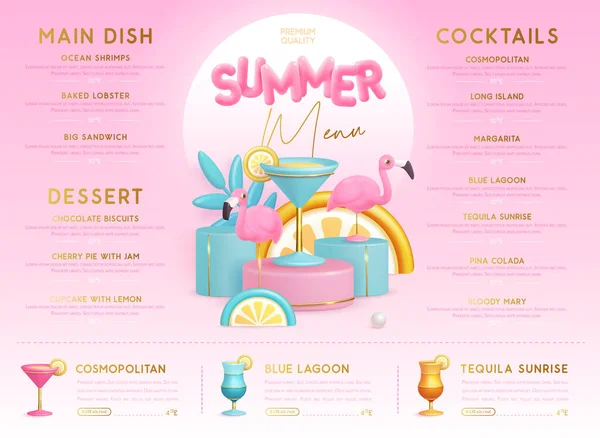 餐厅夏季菜单设计与3D塑料鸡尾酒 热带水果和火烈鸟 矢量说明 — 图库矢量图片