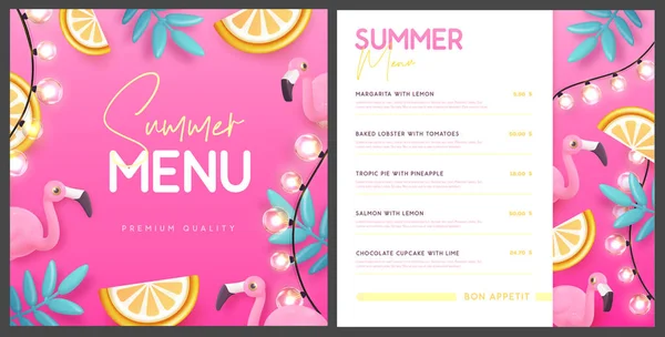 Restaurant Sommermenü Design Mit Plastik Palmblättern Tropischen Früchten Und Flamingo — Stockvektor