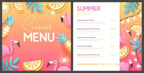 Restaurant Sommermenü Design Mit Plastik Palmblättern Ananas Und Flamingo Vektorillustration — Stockvektor