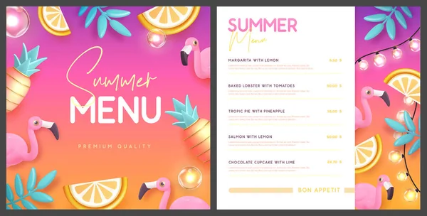 Restaurant Sommermenü Design Mit Plastik Palmblättern Ananas Und Flamingo Vektorillustration — Stockvektor