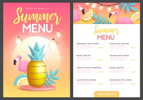 Restaurace Letní Menu Design Plastové Palmové Listy Ananas Flamingo Vektorová — Stockový vektor