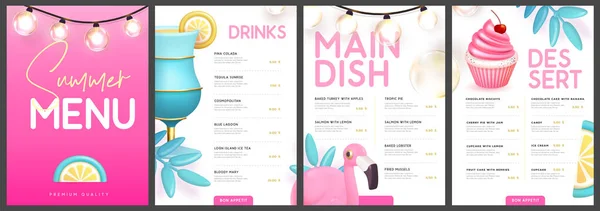 餐厅夏季菜单设计与3D塑料鸡尾酒 热带水果和火烈鸟 矢量说明 — 图库矢量图片