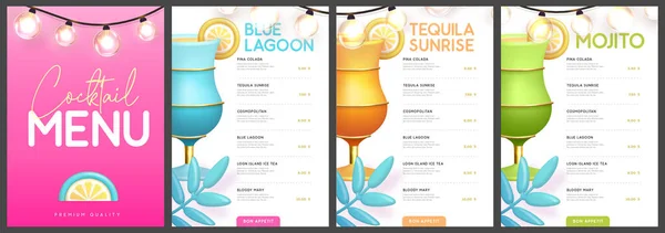 Restaurang Sommar Cocktail Meny Design Med Plast Cocktails Tropiska Frukter — Stock vektor