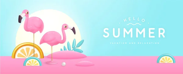 Sommar Affisch Med Plast Tropiska Frukter Blad Och Flamingo Sommarbakgrund — Stock vektor