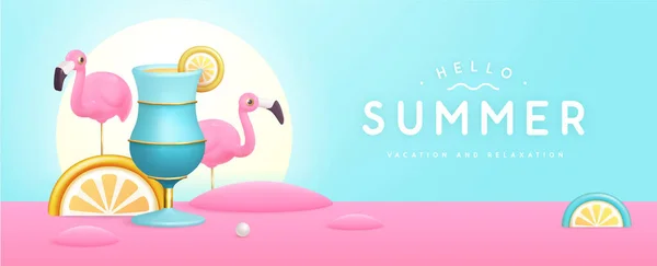 Sommar Fest Bakgrund Med Plast Cocktail Tropiska Frukter Och Flamingo — Stock vektor