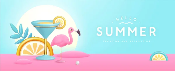 3Dプラスチックカクテル トロピカルフルーツ フラミンゴと夏のパーティーの背景 ベクターイラスト — ストックベクタ