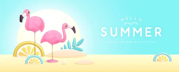 Sommerposter Mit Tropischen Früchten Blättern Und Flamingos Aus Plastik Sommer — Stockvektor