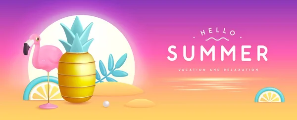 Sommerposter Mit Plastik Ananas Tropischen Blättern Und Flamingo Sommer Hintergrund — Stockvektor