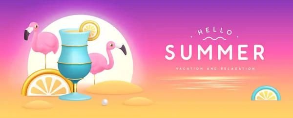 Summer Party Achtergrond Met Plastic Cocktail Tropisch Fruit Flamingo Vectorillustratie — Stockvector