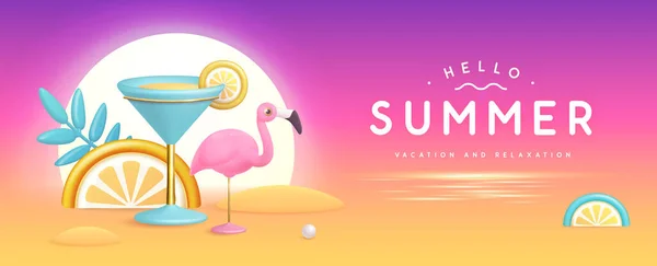 Sommerparty Hintergrund Mit Plastikcocktail Tropischen Früchten Und Flamingo Vektorillustration — Stockvektor