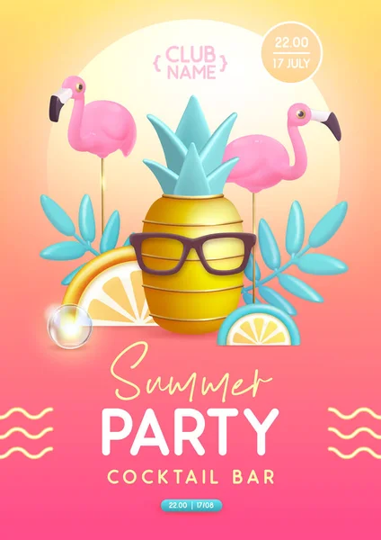 Cartaz Tipografia Festa Discoteca Verão Com Abacaxi Plástico Flamingo Frutas — Vetor de Stock