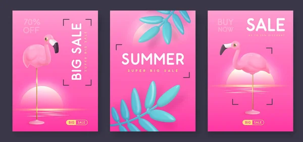 Set Summer Big Sale Modern Covers Plastic Flamingo Tropic Leaves — Stock Vector