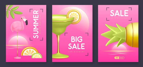 Set Summer Big Sale Modern Covers Plastic Pineapple Flamingo Cocktail — Stock Vector